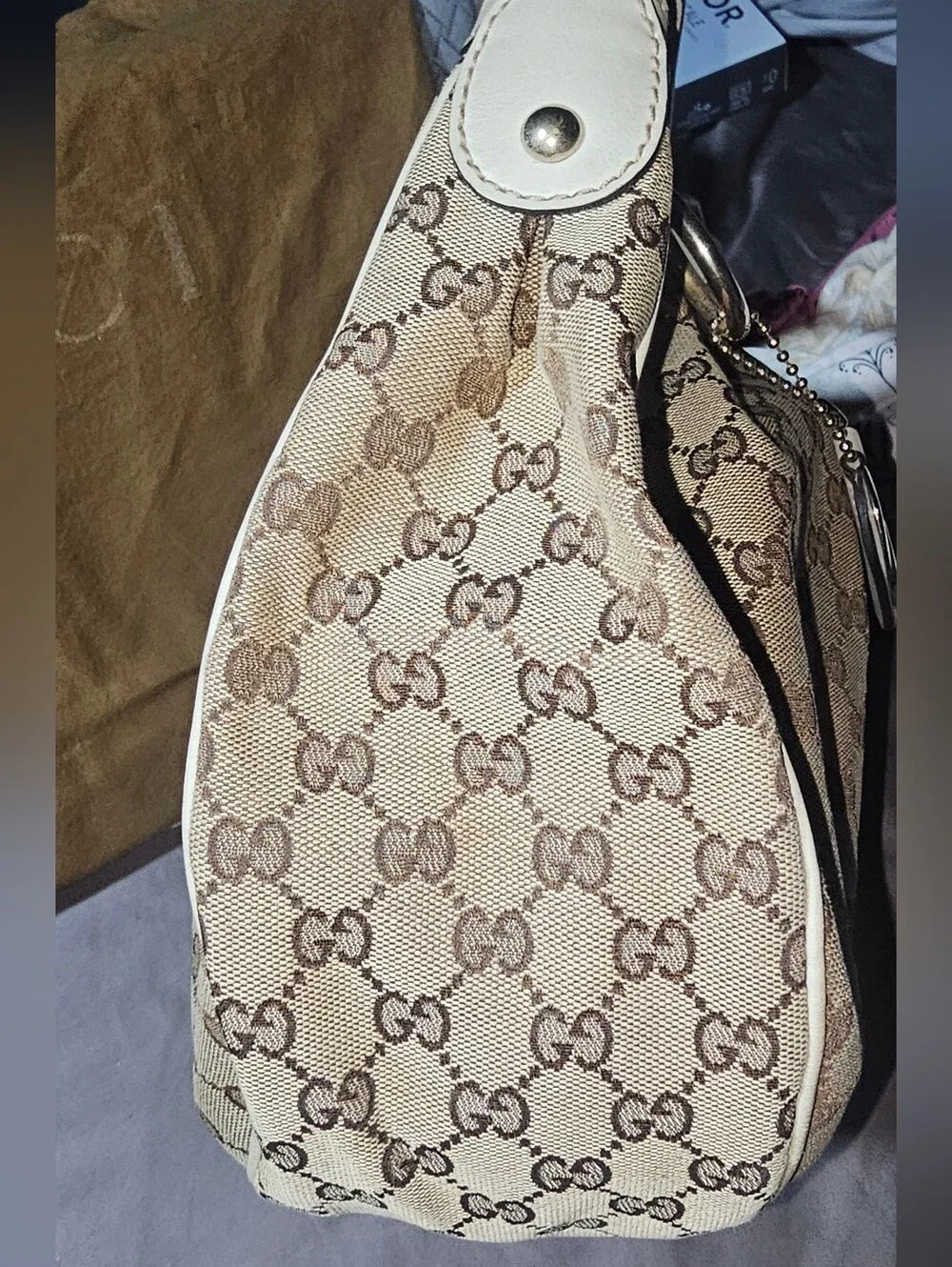 Authentic Gucci Beige Monogram Canvas Sukey Shoulder Bag with Ivory Trim Vintage